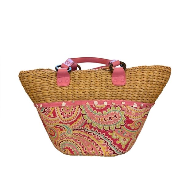 Vera Bradley Straw Tote Retired Capri Melon Beach Bag Pink Strap Paisley Summer - Picture 2 of 15